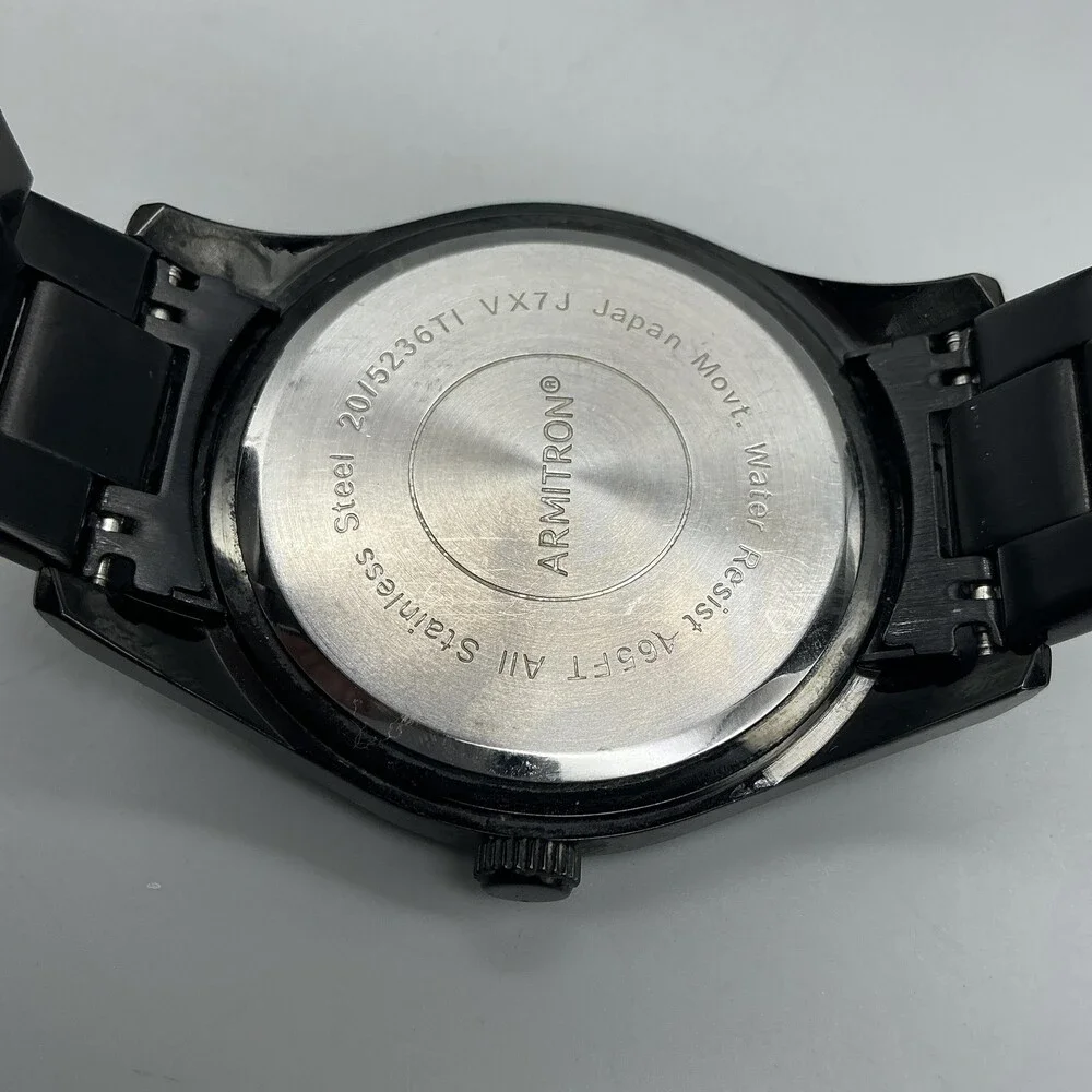 Armitron Mens Watch 48mm Black Dial Black Stainless 20/5236TI New Battery 7.75